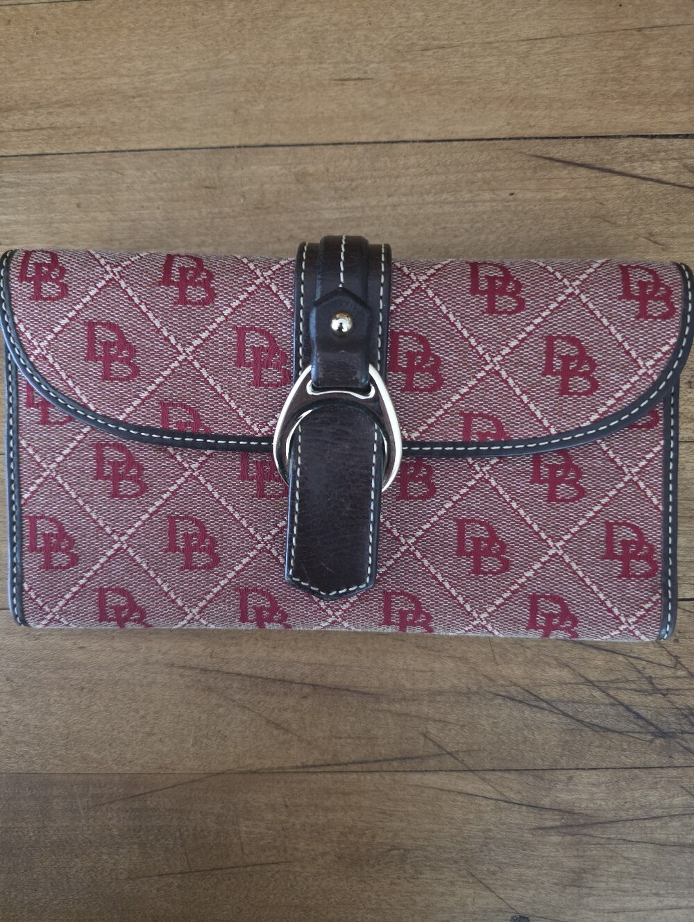 Vtg Dooney & Bourke Red Monogram Canvas Signature Checkbook Wallet